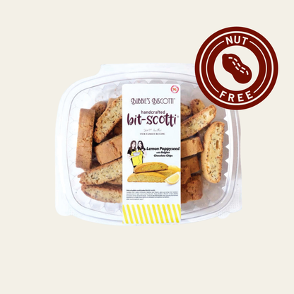Packaged biscotti with a 'Nut Free' label on a light beige background