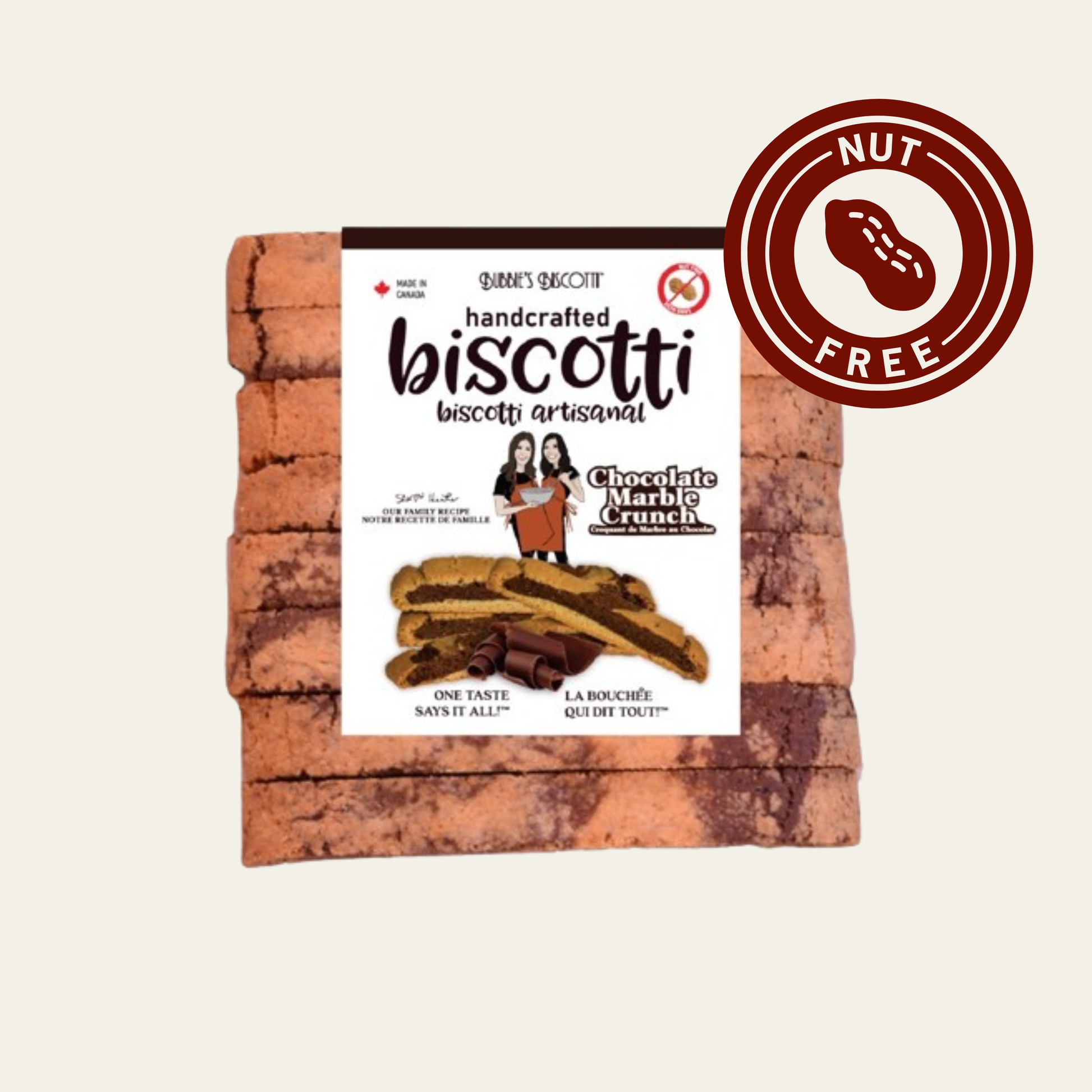 Bubbie's Biscotti Chocolate Marble Crunch handcrafted biscotti with nut-free label