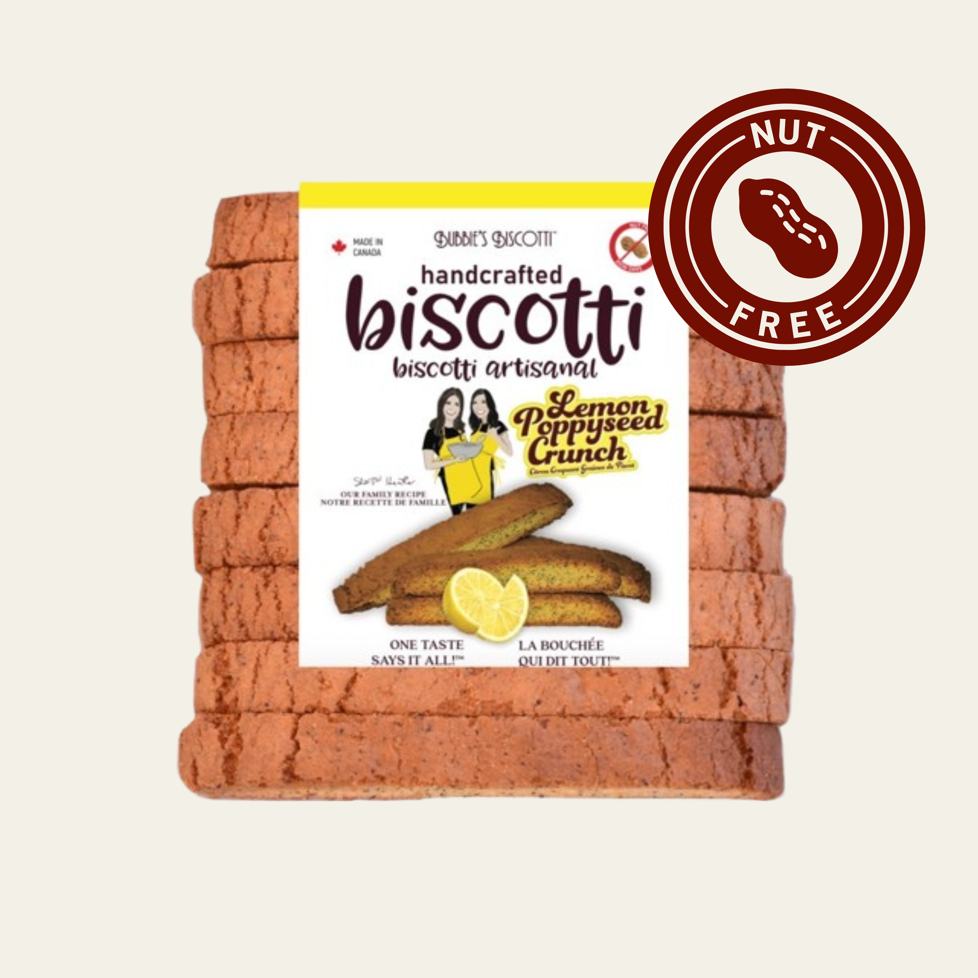 Bubbie's Biscotti Lemon Poppyseed Crunch handcrafted biscotti with nut-free label