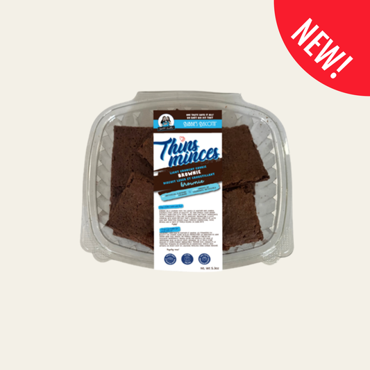 Bubbies Biscotti Thin Minces Brownie light crunchy cookies in a resealable container.