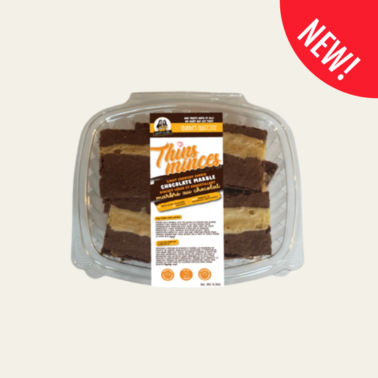 Bubbies Biscotti Thin Minces Chocolate Marble handcrafted cookies in a resealable container.
