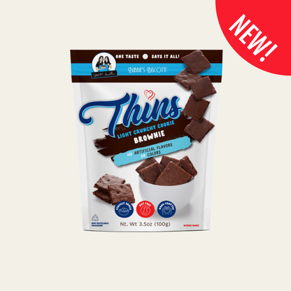 Bubbies Biscotti Thins Brownie light crunchy cookies in a resealable pouch.