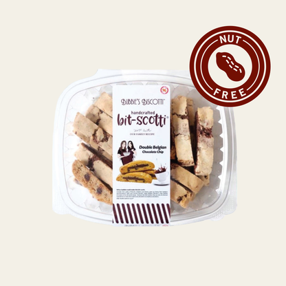 Bubbie's Bit-Scotti Double Belgian Chocolate Chip handcrafted biscotti bites with nut-free label