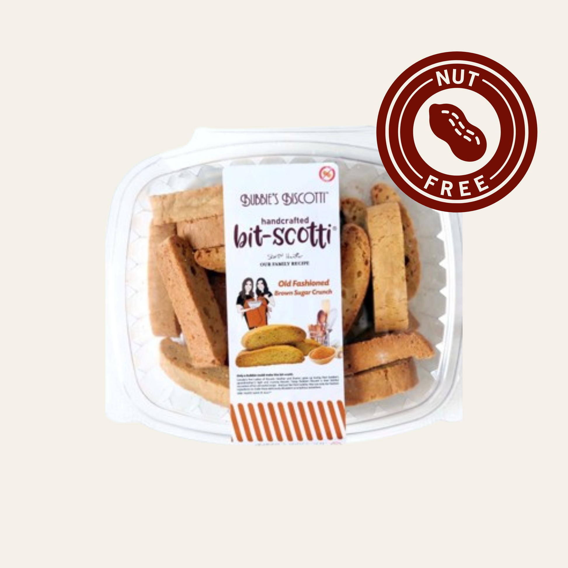 Bubbie's Bit-Scotti Old Fashioned Brown Sugar Crunch handcrafted biscotti bites with nut-free label