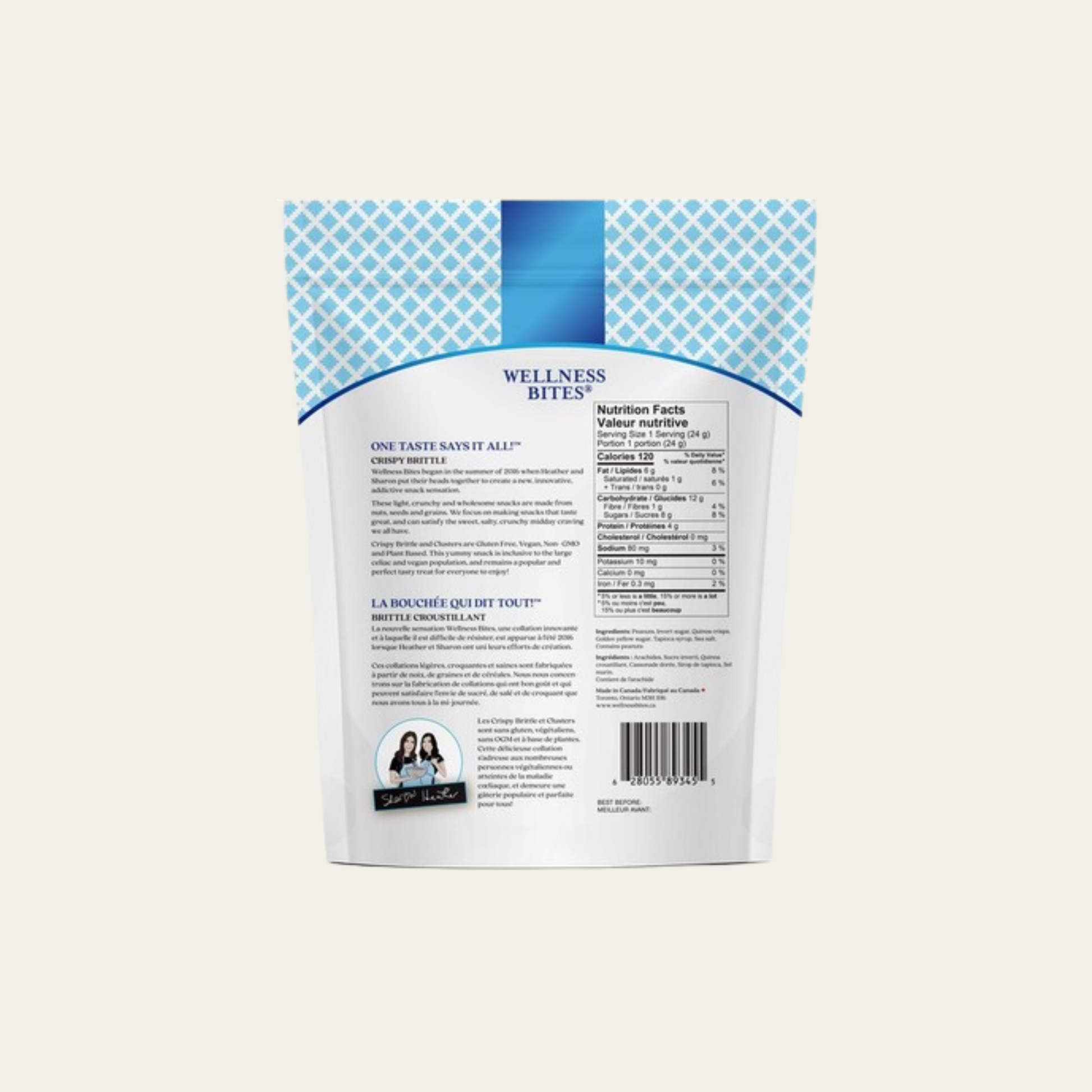 Back of Wellness Bites Crispy Brittle Peanut Crunch packaging showing nutrition facts and ingredients