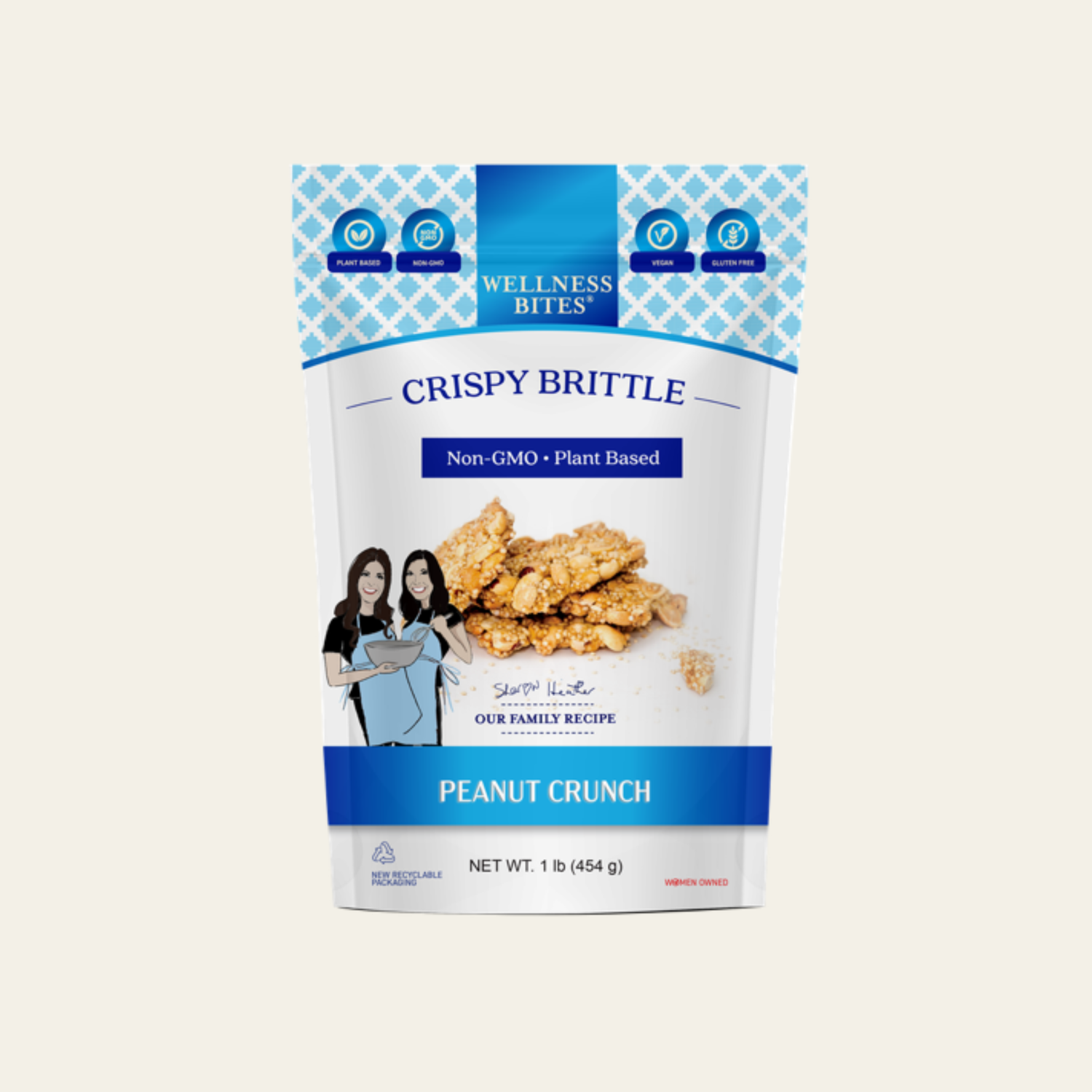 Wellness Bites Crispy Brittle Peanut Crunch plant-based snack in a resealable pouch.