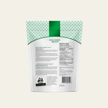 Back of Wellness Bites Crispy Brittle Sweet & Salty with Chia Seeds packaging showing nutrition facts and ingredients