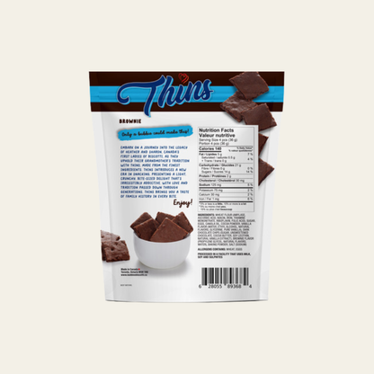 Back of Wellness Bites Thins Brownie light crunchy cookie packaging showing nutrition facts and ingredients
