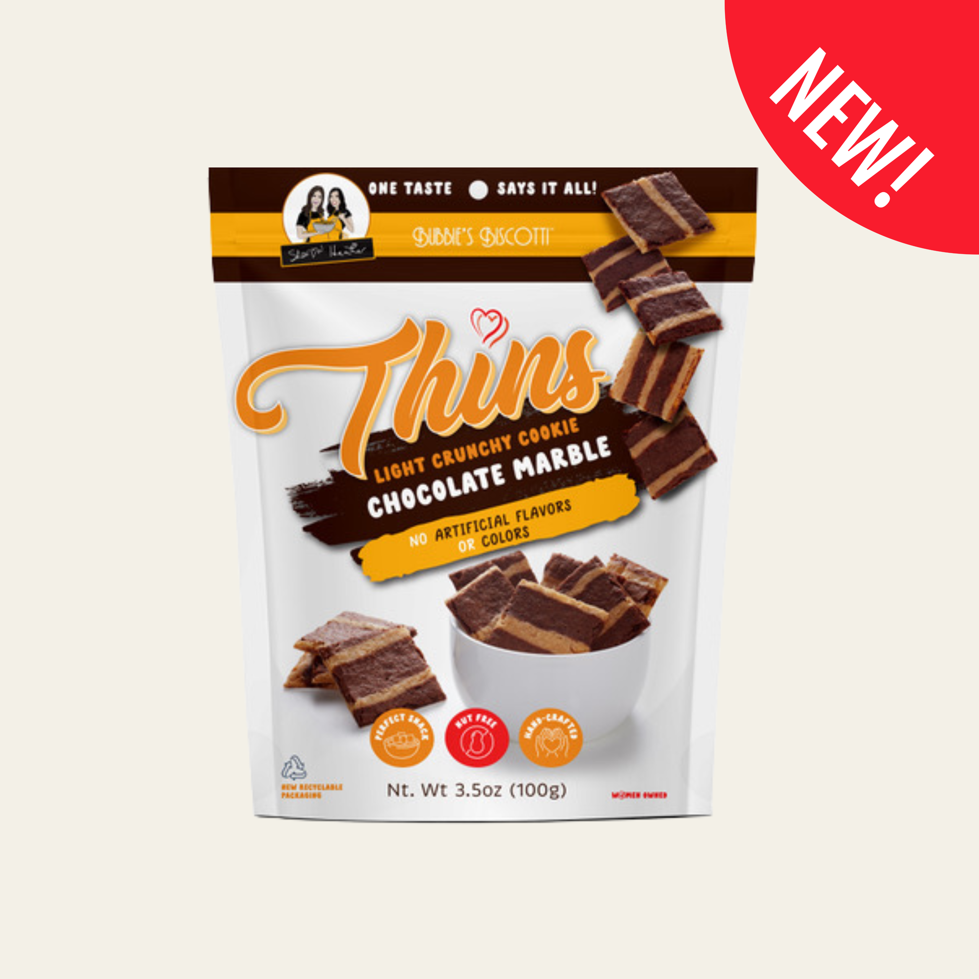 Wellness Bites Thins Chocolate Marble light crunchy cookie packaging with new label