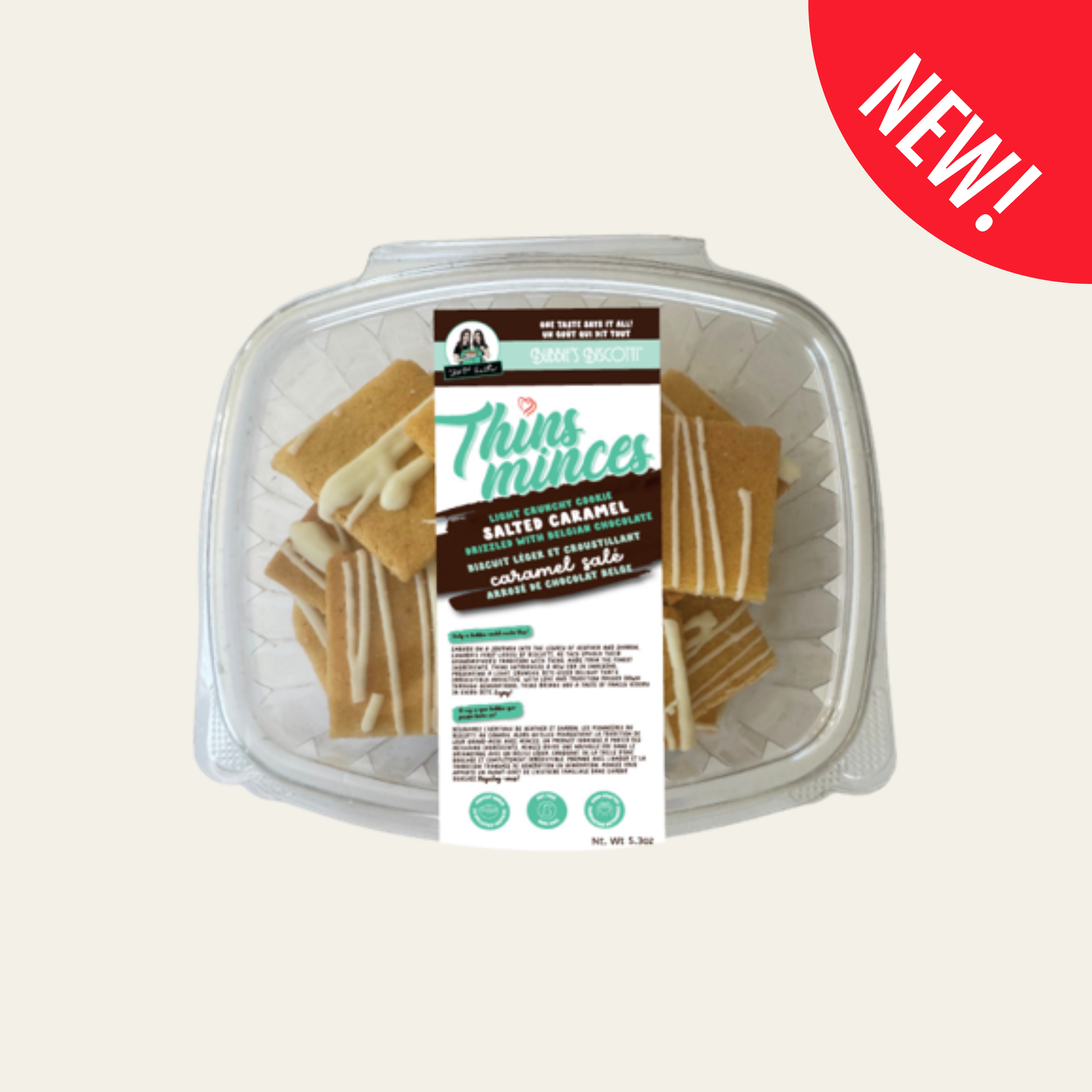 Wellness Bites Thins Minces Salted Caramel light crunchy cookie tray packaging with new label